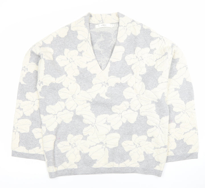InWear Womens Grey Floral Alpaca Blend V-Neck Long Sleeve Jumper XS