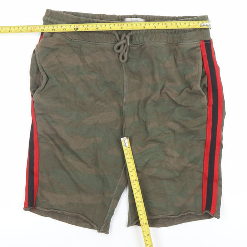 Jack & Jones Mens Green Camo Sweat Shorts L Casual Drawstring