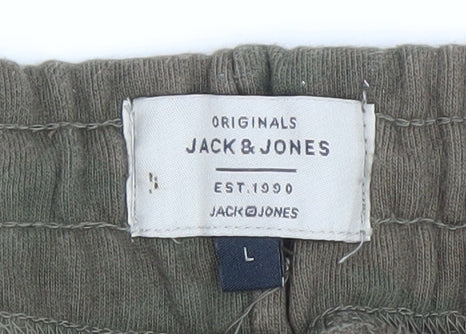 Jack & Jones Mens Green Camo Sweat Shorts L Casual Drawstring