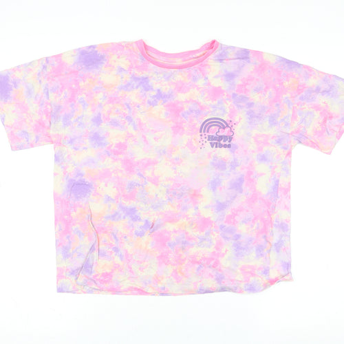 Dunnes Stores Girls Multicoloured Tie Dye Cotton T-Shirt L Happy Vibes