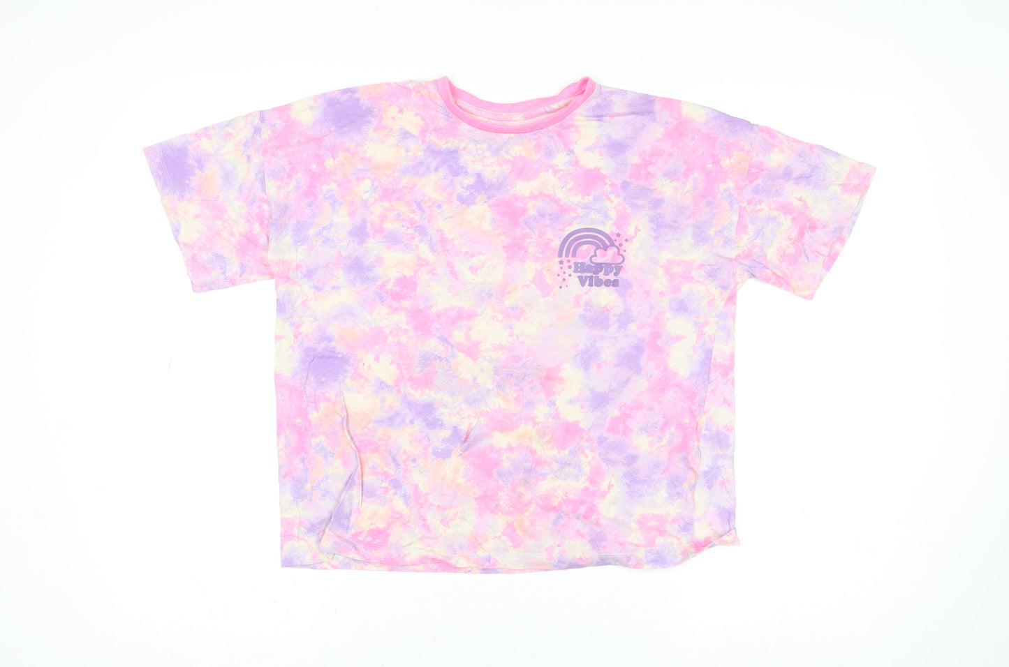 Dunnes Stores Girls Multicoloured Tie Dye Cotton T-Shirt L Happy Vibes