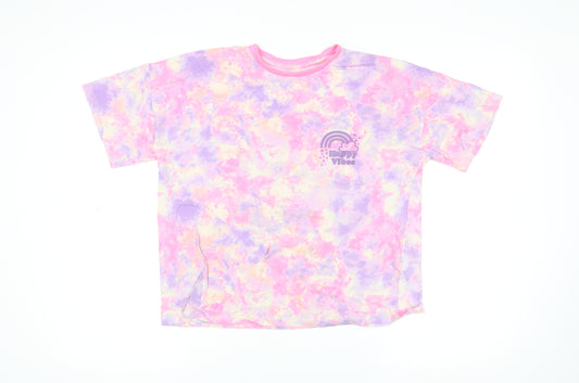 Dunnes Stores Girls Multicoloured Tie Dye Cotton T-Shirt L Happy Vibes