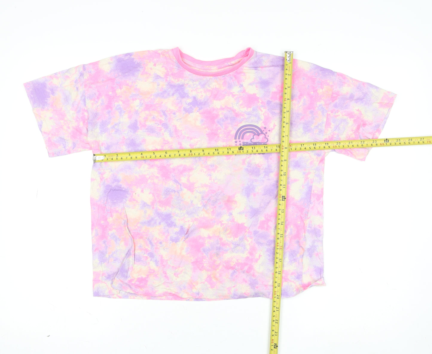 Dunnes Stores Girls Multicoloured Tie Dye Cotton T-Shirt L Happy Vibes