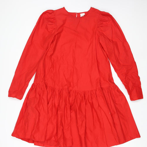 H&M Women Red Cotton Swing Dress Size 10 Long Sleeve Casual