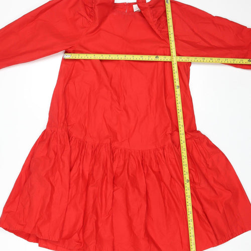 H&M Women Red Cotton Swing Dress Size 10 Long Sleeve Casual