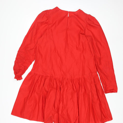 H&M Women Red Cotton Swing Dress Size 10 Long Sleeve Casual