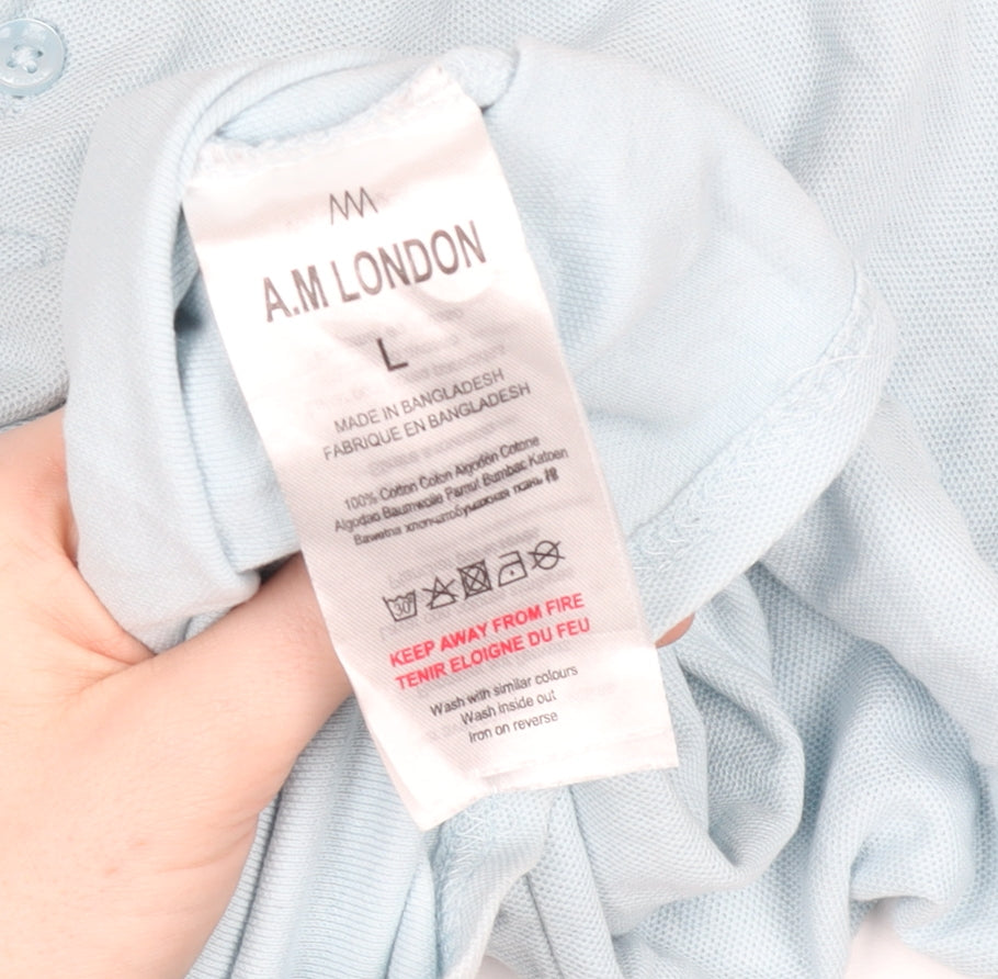 A.M London Men's Light Blue Cotton Polo Shirt Size L Short Sleeve