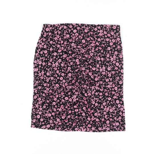 H&M Divided Women's XS Black Pink Floral Stretch Pencil Skirt