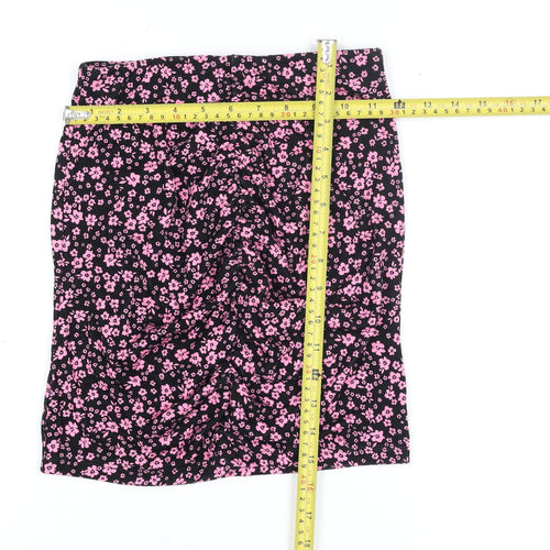 H&M Divided Women's XS Black Pink Floral Stretch Pencil Skirt
