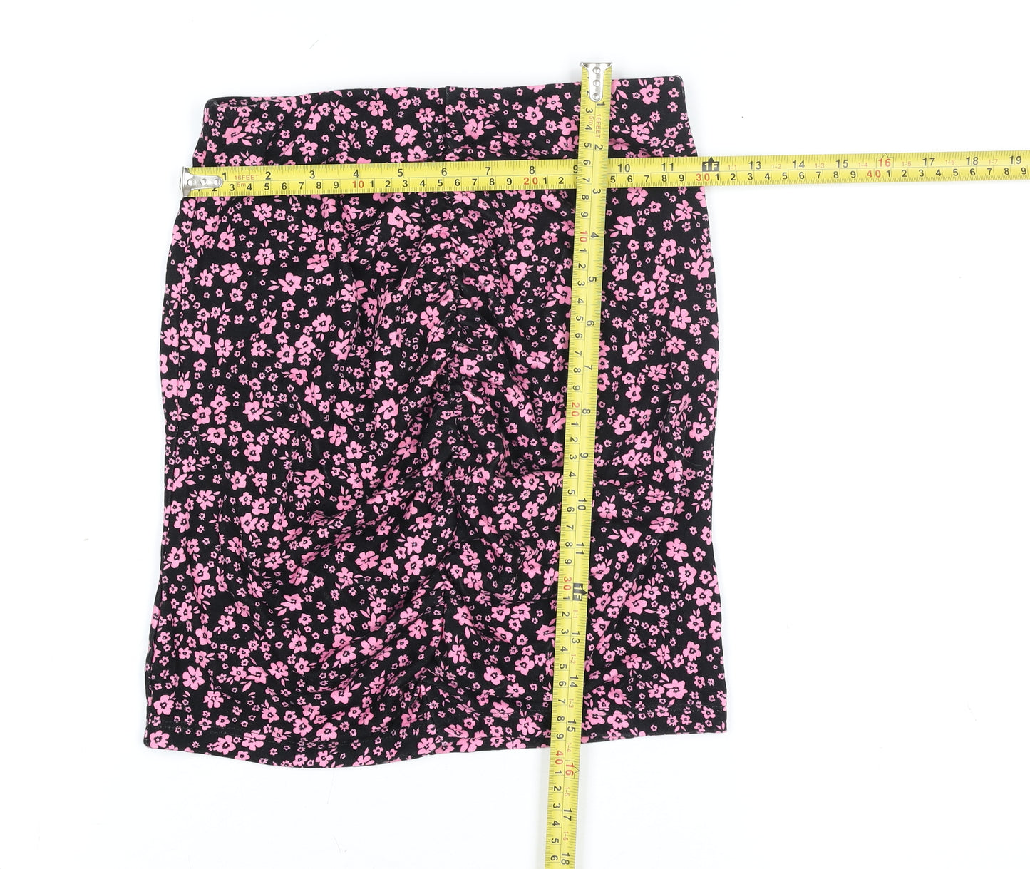 H&M Divided Women's XS Black Pink Floral Stretch Pencil Skirt