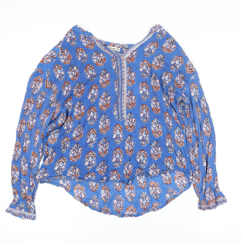 Natura Women Blue Floral Bohemian Long Sleeve Cotton Blouse L
