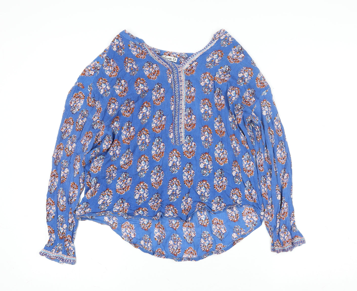 Natura Women Blue Floral Bohemian Long Sleeve Cotton Blouse L