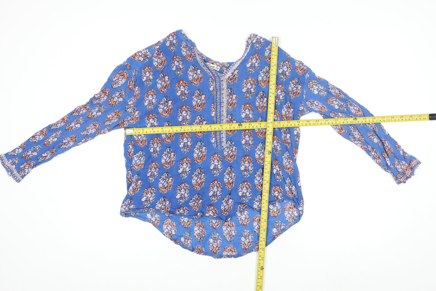 Natura Women Blue Floral Bohemian Long Sleeve Cotton Blouse L