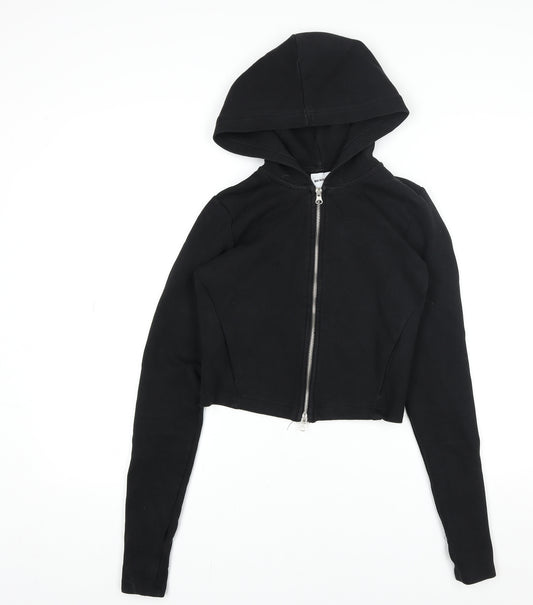 Bershka Women's Black Cropped Full Zip Hooded Activewear Jacket Size M
