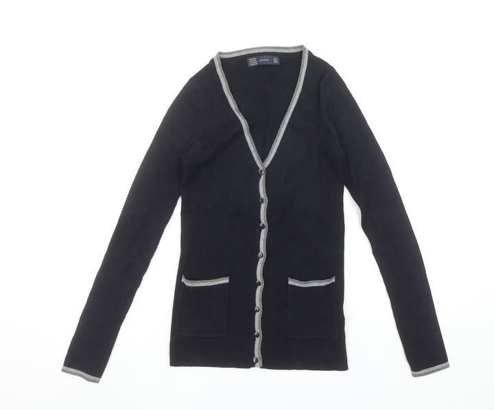 Zara Womens Black V-Neck Slim Fit Long Sleeve Cardigan Size S