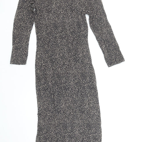 Oasis Women’s Black Geometric Bodycon Midi Dress XS Long Sleeve Viscose