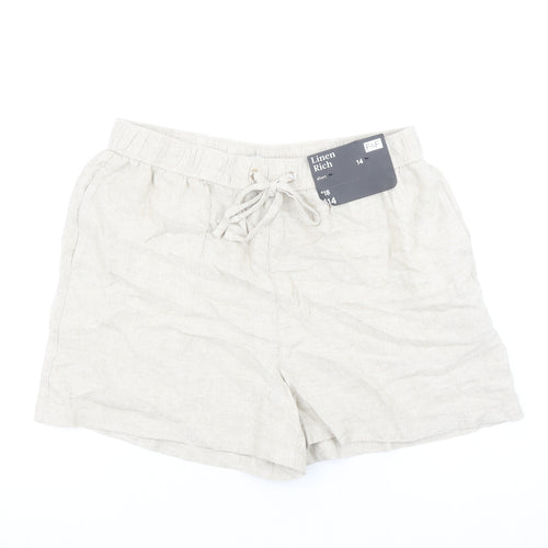 F&F Women Beige Linen Blend Drawstring Casual Shorts UK 14