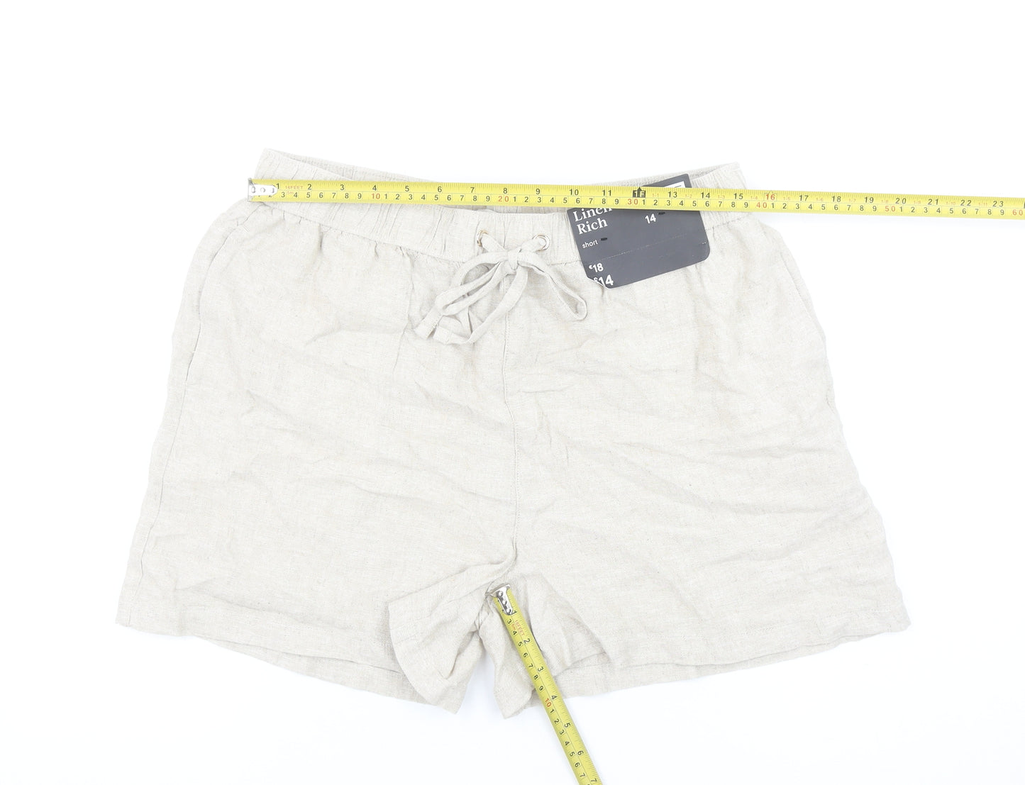 F&F Women Beige Linen Blend Drawstring Casual Shorts UK 14