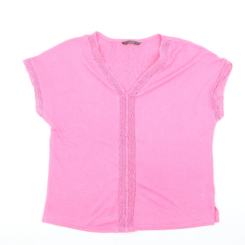 Dunnes Stores Women's Pink V-Neck Crochet Trim T-Shirt Size M