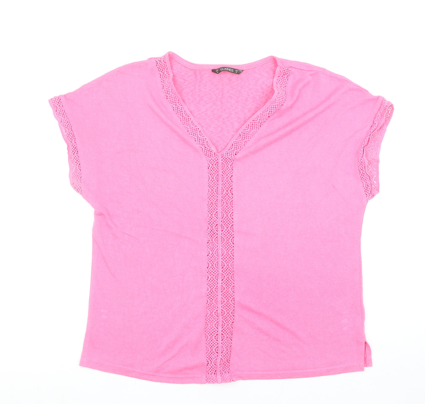 Dunnes Stores Women's Pink V-Neck Crochet Trim T-Shirt Size M