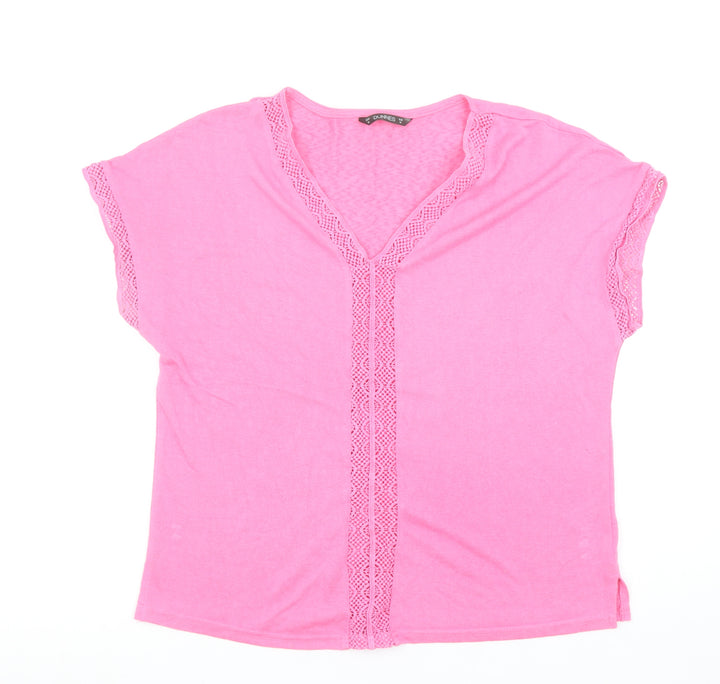 Dunnes Stores Women's Pink V-Neck Crochet Trim T-Shirt Size M