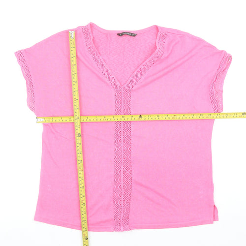 Dunnes Stores Women's Pink V-Neck Crochet Trim T-Shirt Size M