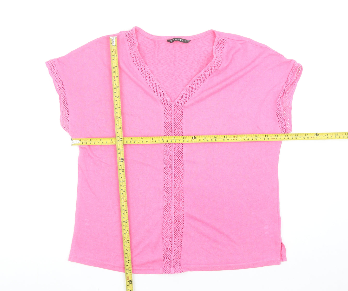 Dunnes Stores Women's Pink V-Neck Crochet Trim T-Shirt Size M
