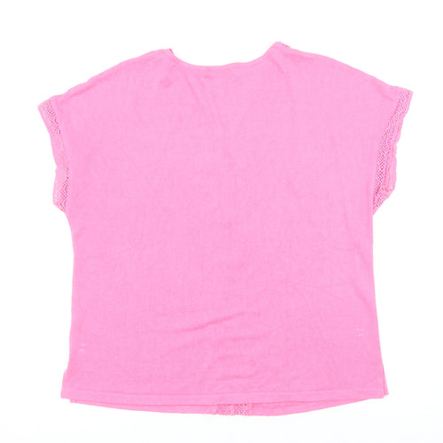 Dunnes Stores Women's Pink V-Neck Crochet Trim T-Shirt Size M