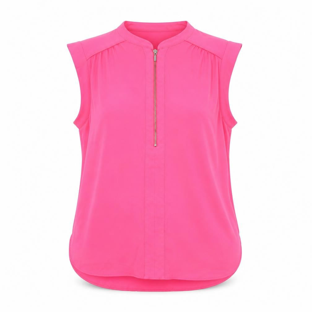 Front view of Dunnes Women's Pink Zip Front Sleeveless Blouse, size 14
