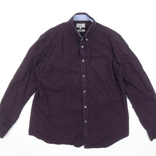 Marks and Spencer Men's Purple Striped Regular Fit Long Sleeve Cotton Oxford Shirt L