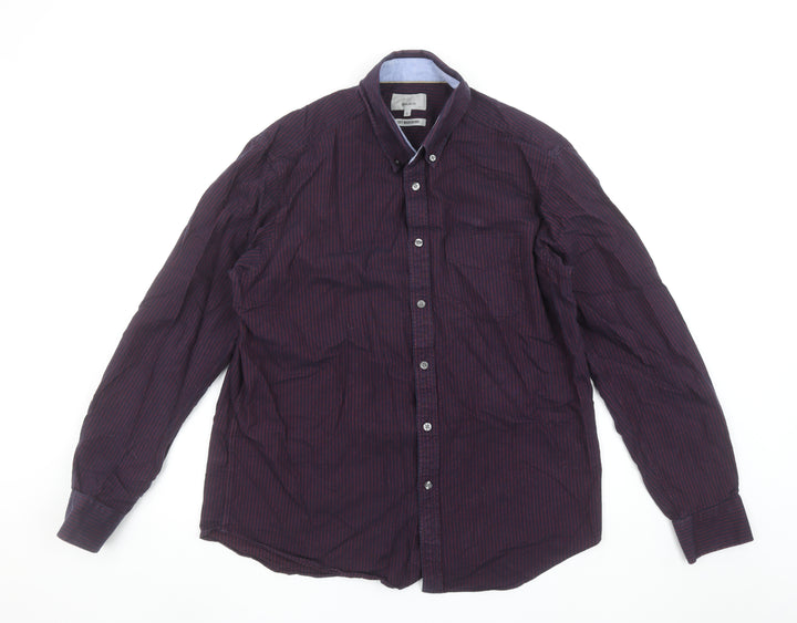 Marks and Spencer Men's Purple Striped Regular Fit Long Sleeve Cotton Oxford Shirt L