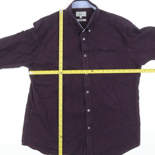 Marks and Spencer Men's Purple Striped Regular Fit Long Sleeve Cotton Oxford Shirt L
