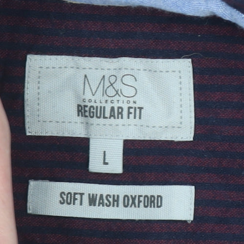 Marks and Spencer Men's Purple Striped Regular Fit Long Sleeve Cotton Oxford Shirt L