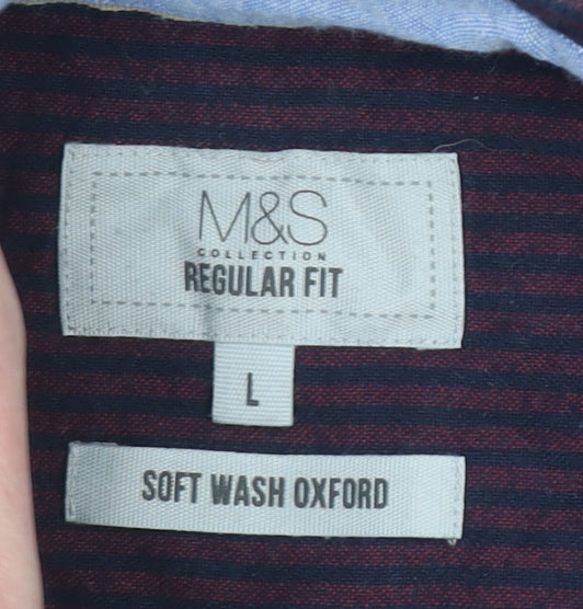 Marks and Spencer Men's Purple Striped Regular Fit Long Sleeve Cotton Oxford Shirt L