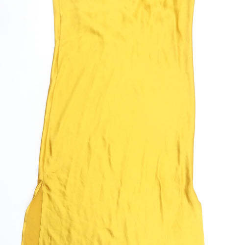 Topshop Women Yellow Satin Slip Midi Dress Size 12 Sleeveless V-Neck