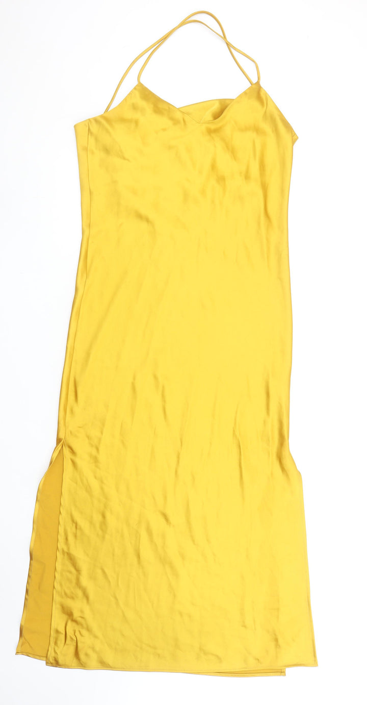 Topshop Women Yellow Satin Slip Midi Dress Size 12 Sleeveless V-Neck