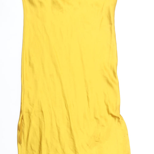 Topshop Women Yellow Satin Slip Midi Dress Size 12 Sleeveless V-Neck