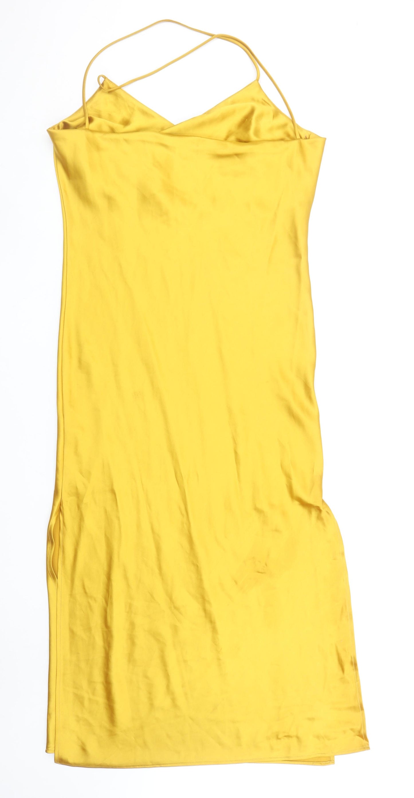 Topshop Women Yellow Satin Slip Midi Dress Size 12 Sleeveless V-Neck
