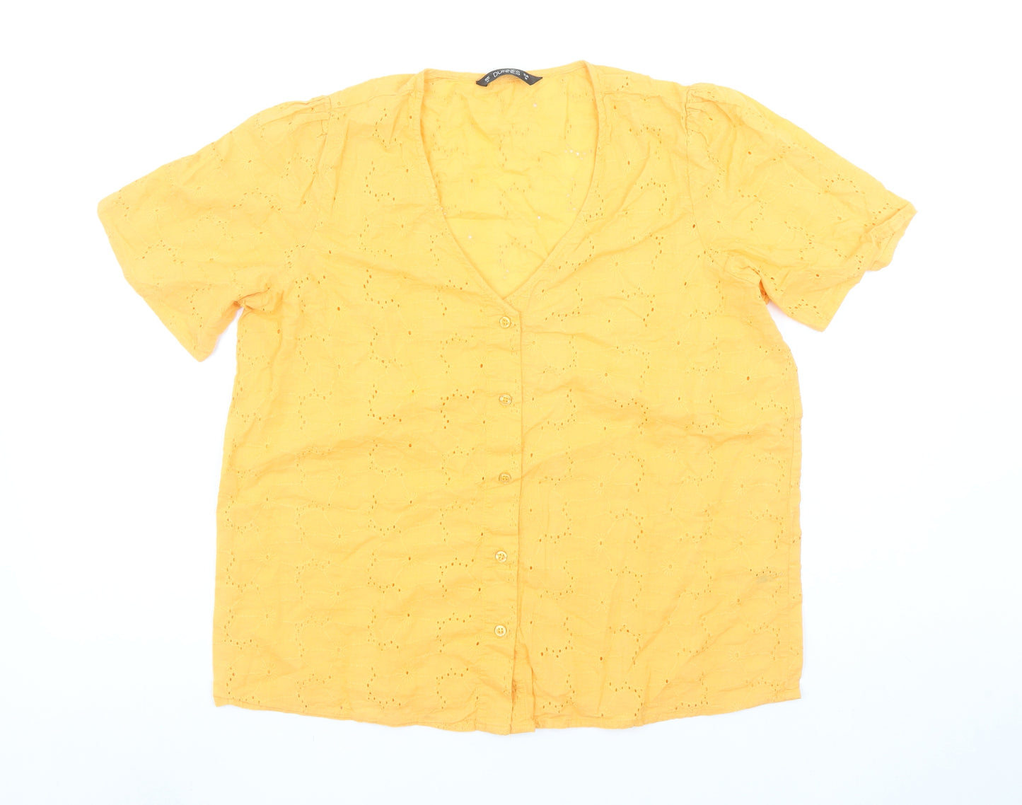 Dunnes Stores Womens Yellow Cotton Short Sleeve Button Tunic Blouse Size 14