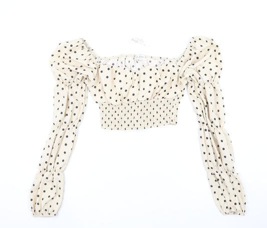 In The Style Women Beige Polka Dot Puff Sleeve Cropped Blouse Size 12