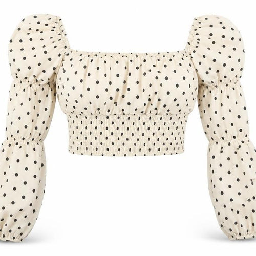 In The Style Women Beige Polka Dot Puff Sleeve Cropped Blouse Size 12