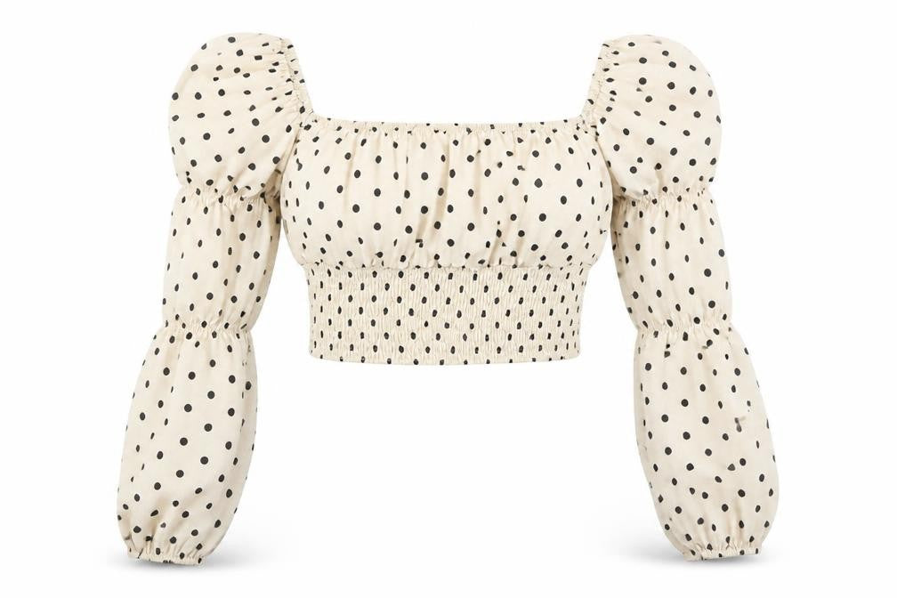 In The Style Women Beige Polka Dot Puff Sleeve Cropped Blouse Size 12