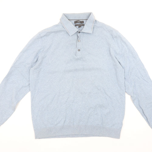 Marks and Spencer Men's Blue Cotton Rich Long Sleeve Polo Shirt L