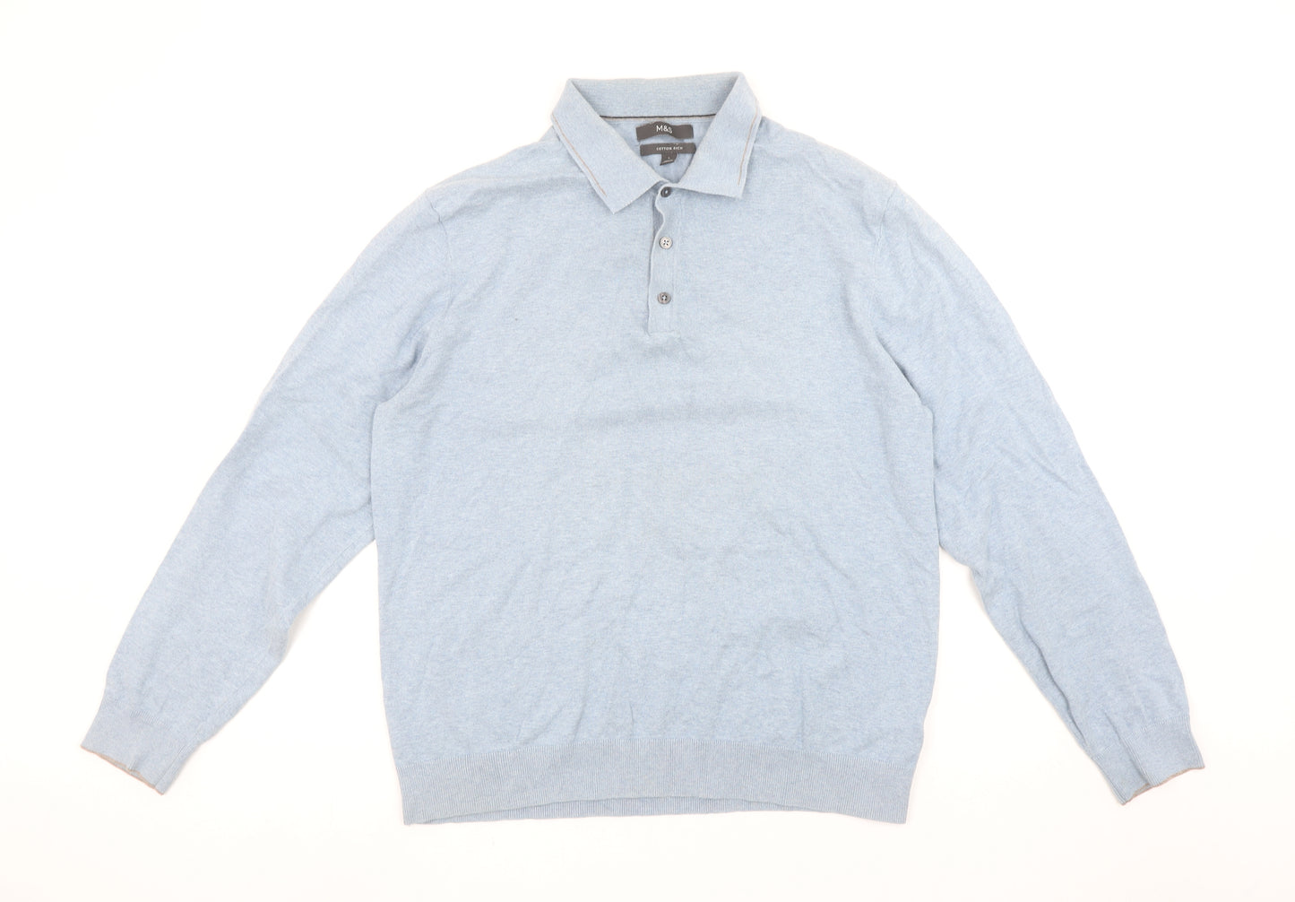 Marks and Spencer Men's Blue Cotton Rich Long Sleeve Polo Shirt L