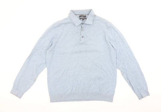 Marks and Spencer Men's Blue Cotton Rich Long Sleeve Polo Shirt L