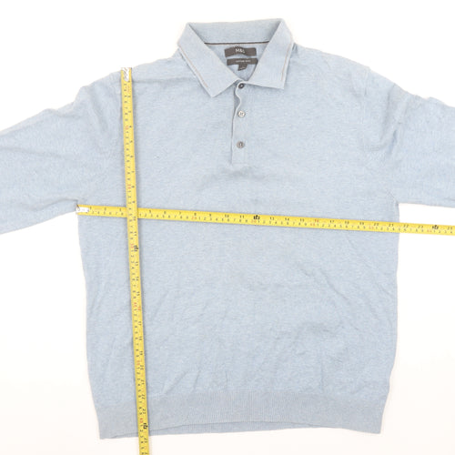 Marks and Spencer Men's Blue Cotton Rich Long Sleeve Polo Shirt L