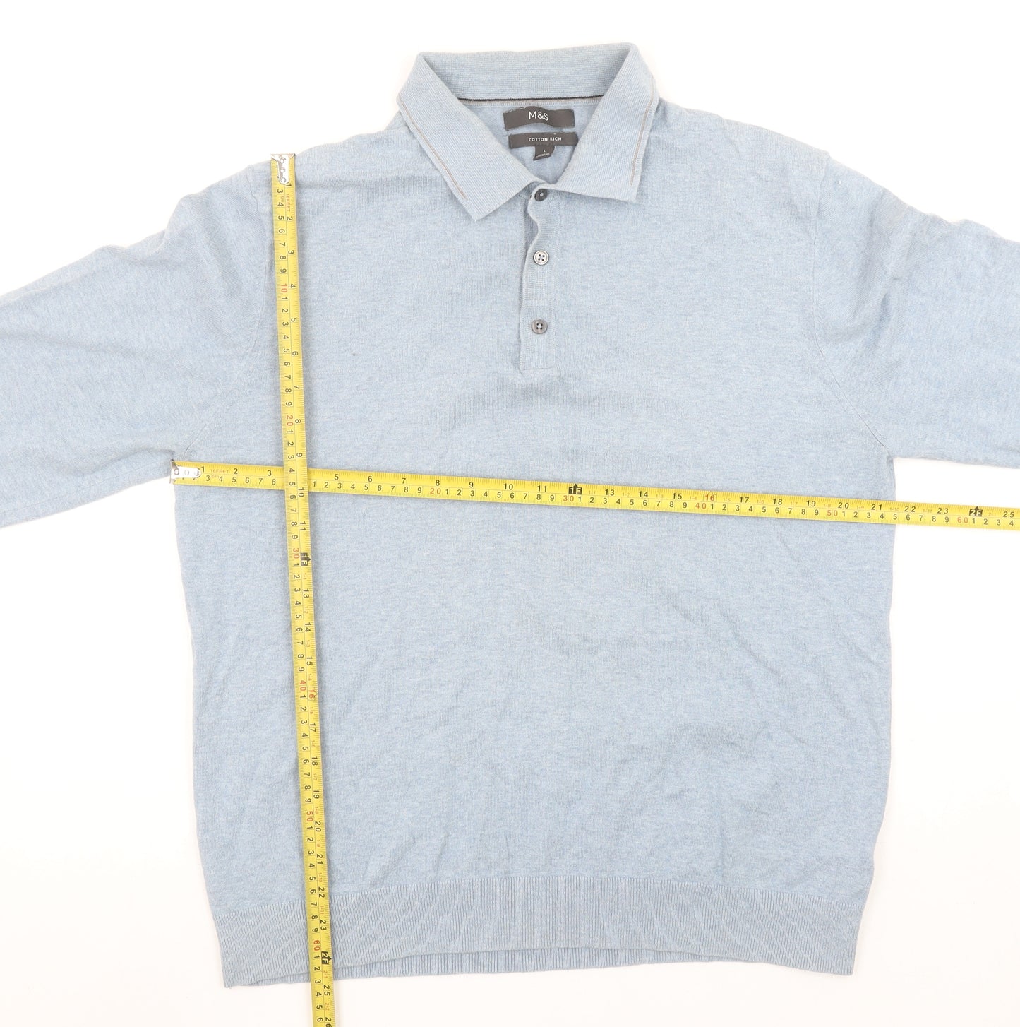 Marks and Spencer Men's Blue Cotton Rich Long Sleeve Polo Shirt L