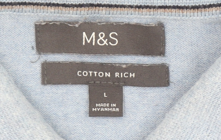 Marks and Spencer Men's Blue Cotton Rich Long Sleeve Polo Shirt L