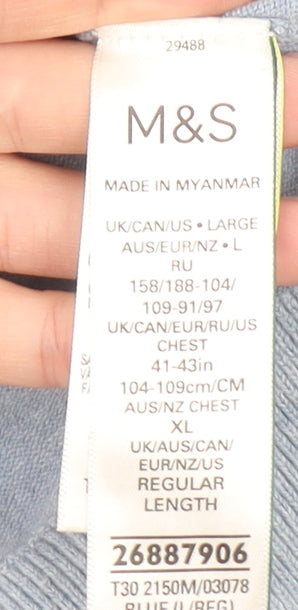 Marks and Spencer Men's Blue Cotton Rich Long Sleeve Polo Shirt L