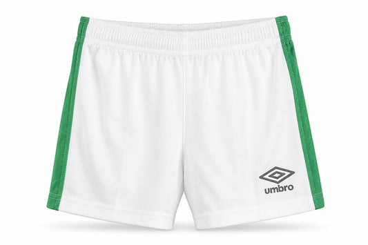 Front view of Umbro boys’ white 6-7 years athletic football shorts ireland crest